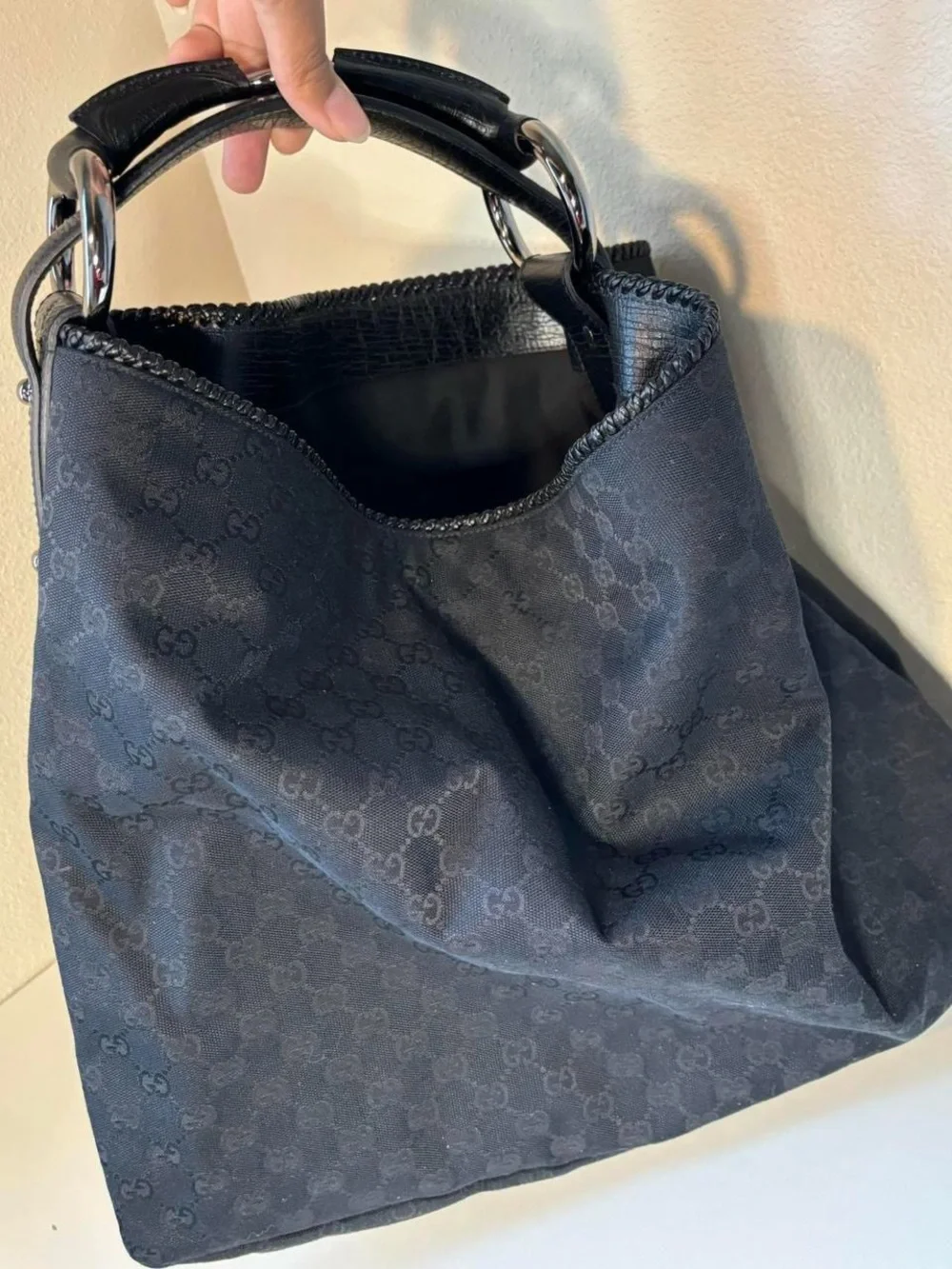 Gucci Black GG Canvas Hobo with Silver Hardware